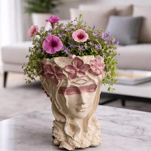Maceta de hormigón con forma de mujer – Maceta de hormigón con forma de mujer con flores pintadas a mano – Maceta bohemia con forma de mujer – Escultura decorativa – Maceta para suculentas