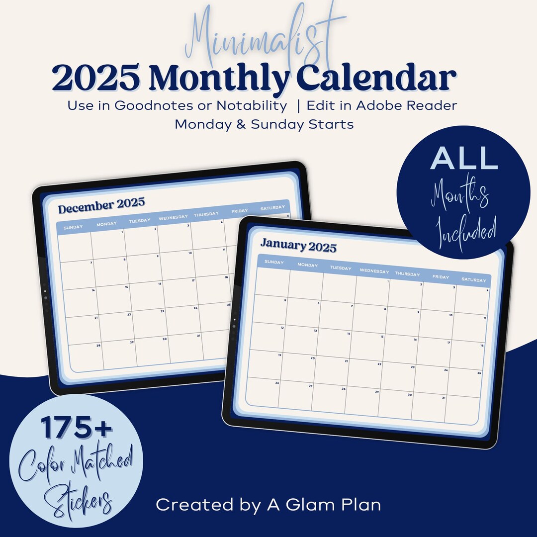 2025 Digital Planner Calendar for Goodnotes, Notability | 12-month Blue ...