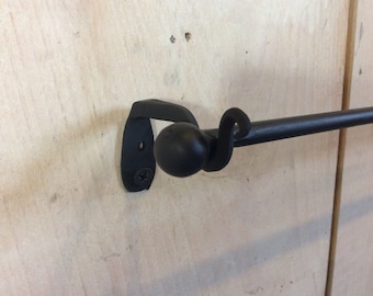 Door Rod and brackets set 28-58  inchs long door iron wall hanging handforged close to wall hammered knobend