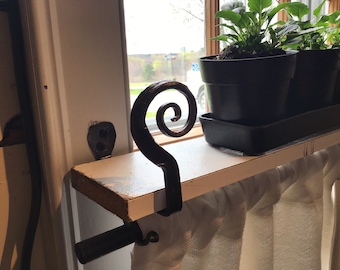 Window shelf BRACKETS holds a curtain rod  different designs black  bronze  copper