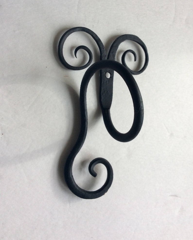 Towel ring scrolls vertical iron handforged black unique wall mounted small space image 3