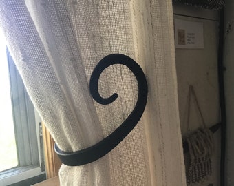 Scroll small and large delicate scroll holdbacks black bronze iron hand forged sold in set of 2