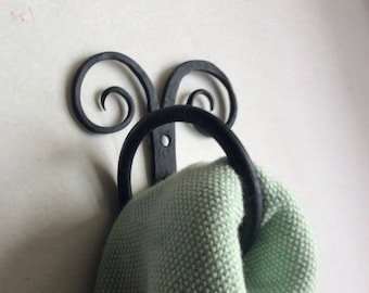 Towel ring scrolls vertical iron handforged black unique wall mounted  small space