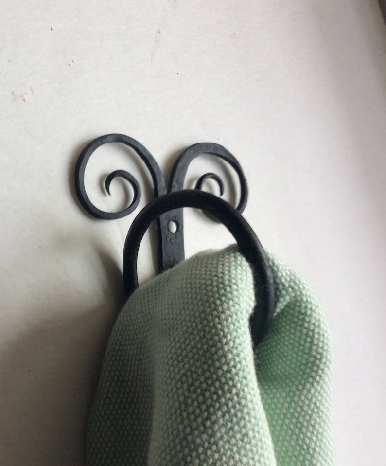 Towel ring scrolls vertical iron handforged black unique wall mounted small space image 1