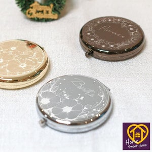 Personalisierter Taschenspiegel mit Gravur, Taschenspiegel aus Edelstahl mit Blumenmuster, Brautjungfer Vorschlag Geschenk