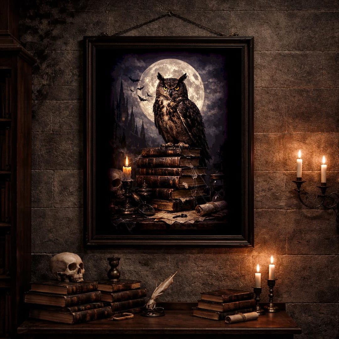 Gothic Dark Academia Owl Poster | Moon Witchy Wall Art, Books and ...
