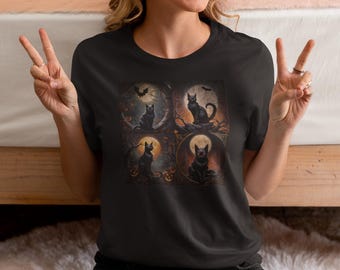 Maglietta gotica con gatto nero, design con luna spettrale, regalo per amanti dei gatti