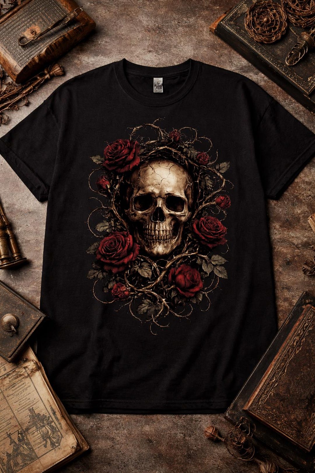 Skull With Roses T-shirt | Gothic Dark Academia Floral Skeleton Comfort ...