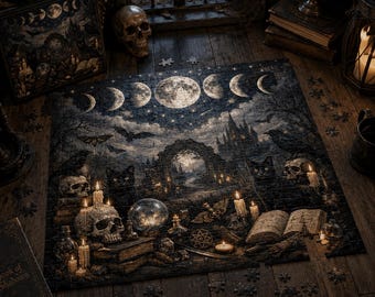 May include: A dark, gothic-themed jigsaw puzzle featuring a moon phase design, bats, skulls, and a castle. The puzzle is set on a wooden surface with scattered pieces, books, and candles, creating a mysterious and atmospheric scene.