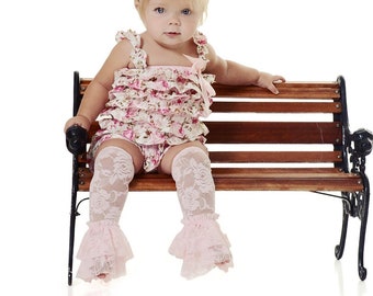 Lace ROMPER with Shoulder Straps and Bow & Matching HEADBAND  S, M, or L Floral Satin