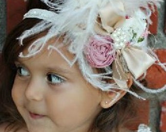 Headband to matchAntique Inspired Petti Baby Lace Rompers with rolled roses, ostrich feathers, crystals, and pearls