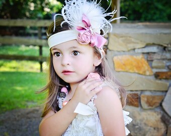 SET Headband and Girls Petti Lace Chiffon Tiered Ruffle Dress Junior Bride Bridal Party Baptism photo prop White or Ivory