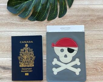 Leather Passport Case, Sleeve Style, Fits USA or Canada Passports, pirate skull and crossbones design