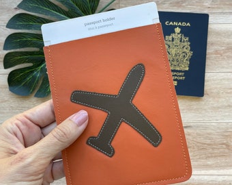 Leather Passport Case, Sleeve Style, Fits USA or Canada Passports, orange with airplane design