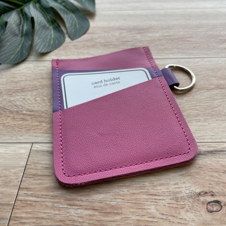 Leather Angular Card holder with 3 slots, holds up to 12 plastic cards, pink and purple image 4
