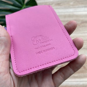 Leather Angular Card holder with 3 slots, holds up to 12 plastic cards, pink and purple image 2