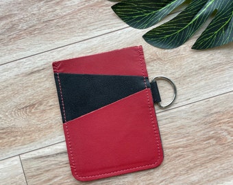 Leather Angular Card holder with 3 slots, holds up to 12 plastic cards, red and black