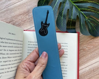 Leather Bookmark with Guitar Design, Blue and Black