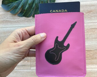 Guitar Passport Case, Sleeve Style, Fits USA or Canada Passports, Pink and Black Leather