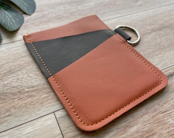 Leather Angular Card holder with 3 slots, holds up to 12 plastic cards, orange and brown