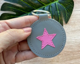 Pink Star Keychain, Round, Genuine Leather Key Fob