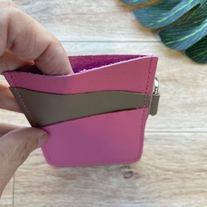 Leather Angular Card holder with 3 slots, holds up to 12 plastic cards, pink and tan