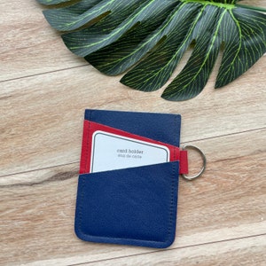 Leather Angular Card holder with 3 slots, holds up to 12 plastic cards, blue and red