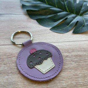 Leather Keychain, Purple with Cupcake Design, Genuine Leather Key Fob