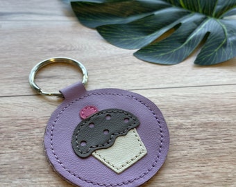 Leather Keychain, Purple with Cupcake Design, Genuine Leather Key Fob