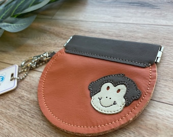 Leather Coin Purse with Monkey Design, Round Coin Purse, Snap Purse, Flex Frame Pinch Purse, Circle Shape Purse