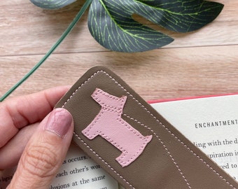 Leather Bookmark with Dog Design, pink and tan