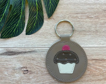 Cupcake Keychain, Leather Keychain, Round, Genuine Leather Key Fob