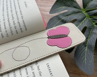 Leather Bookmark with Butterfly Design, pink and beige