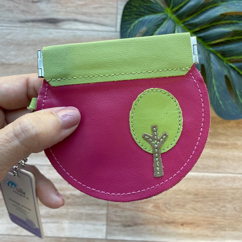 Leather Coin Purse with Tree, Round Change Purse, Penny Pinch Purse, Snap Purse, Circle Shape Purse Fuchsia