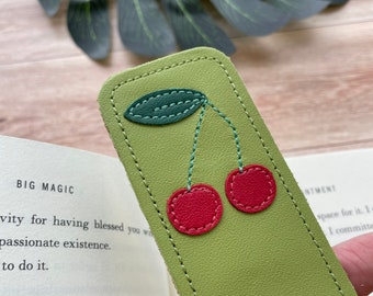 Leather Bookmark with Cherries Design, white leather with red cherries