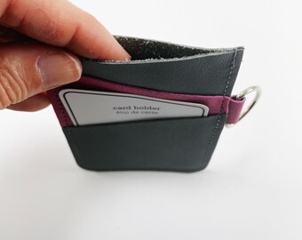 Leather Card Case with 3 slots, grey and pink leather, genuine leather business card holder with D ring