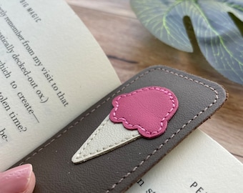 Leather Bookmark with Ice Cream Cone Design, Brown and Pink