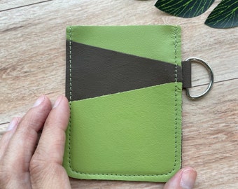 Leather Angular Card holder with 3 slots, holds up to 12 plastic cards, green and brown