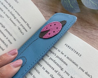 Leather Bookmark with Ladybug Design, Blue and Pink