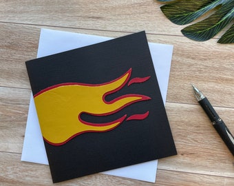 Flames Art Card, Blank inside, Great for any Occasion, Handmade with Leather Applique, Birthday Card, Greeting Card, Unique Card, Kids Card