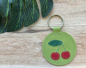 Cherries Leather Keychain, Genuine Leather Key Fob