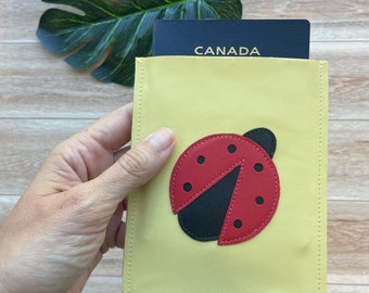 Leather Passport Case with Ladybug, Sleeve Style, Fits USA or Canada Passports