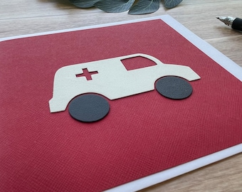 Ambulance Card, Blank inside, Great for any Occasion, Handmade with Leather Applique, Birthday Card, Greeting Card, Unique Card, Kids Card