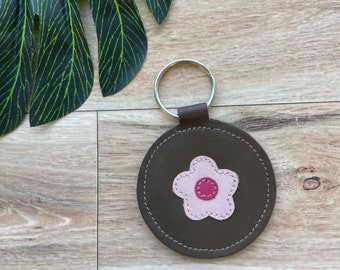 Flower Leather Keychain, Genuine Leather Key Fob