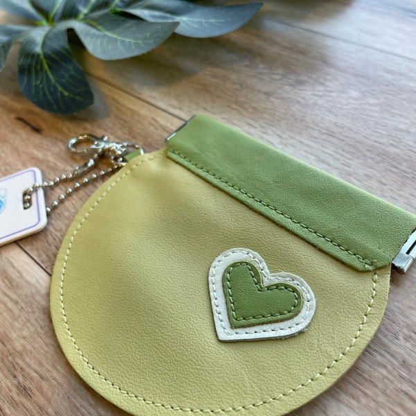 Leather Coin purse, Snap / Pinch Purse with Flex Frame, Circle Shape Compact Purse with Heart Design