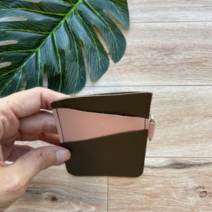 Leather Angular Card holder with 3 slots, holds up to 12 plastic cards, brown and pink image 2
