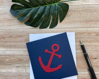 Anchor Art Card, Blank inside, Great for any Occasion, Handmade with Leather Applique, Birthday Card, Greeting Card, Unique Card, Kids Card