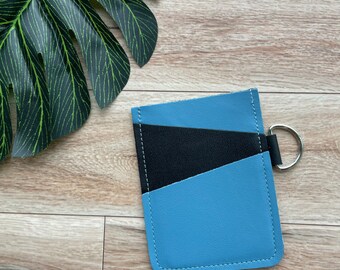 Leather Angular Card holder with 3 slots, holds up to 12 plastic cards, blue and black