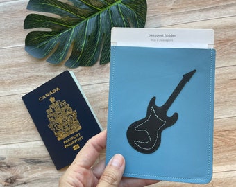 Leather Passport Case, Sleeve Style, Fits USA or Canada Passports, blue with guitar design