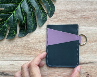 Leather Angular Card holder with 3 slots, holds up to 12 plastic cards, navy and purple